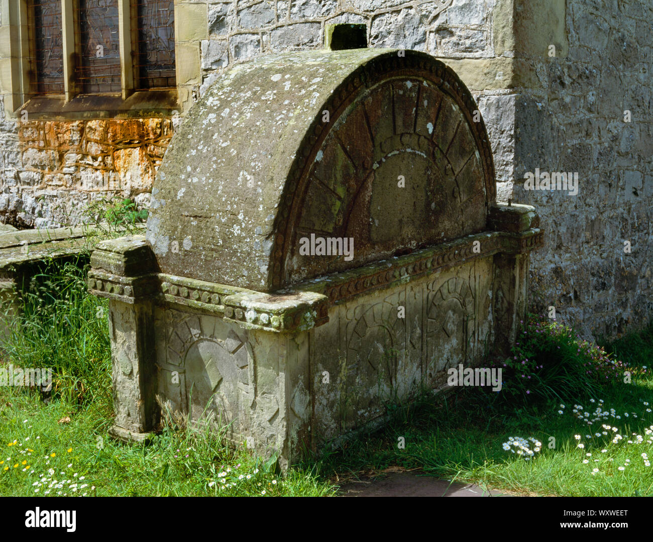 Hooded tomb, St Michael’s Church, Trelawnyd, Flintshire, Wales. One of 7 tombs to the Wynne family. Uniquely local style. Stock Photo