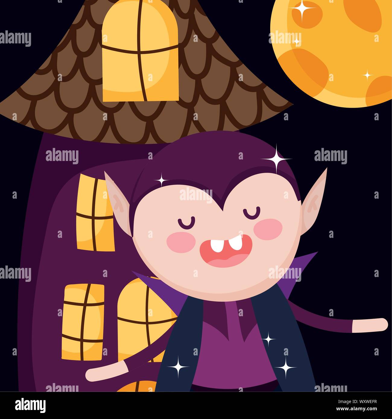 happy dracula with house moon night halloween vector illustration Stock ...