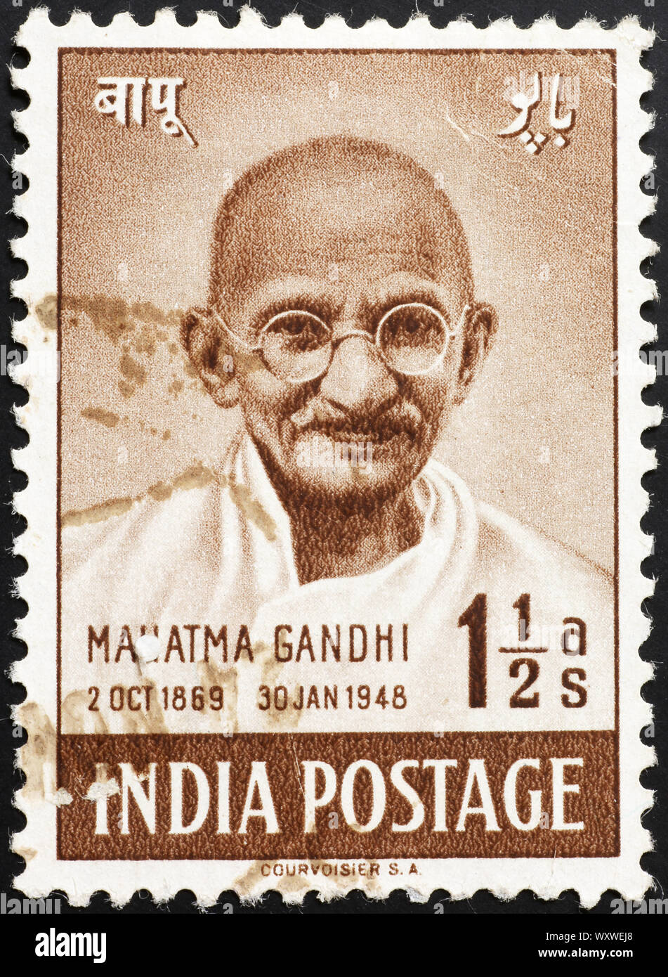 Portrait of Gandhi on indian postage stamp Stock Photo