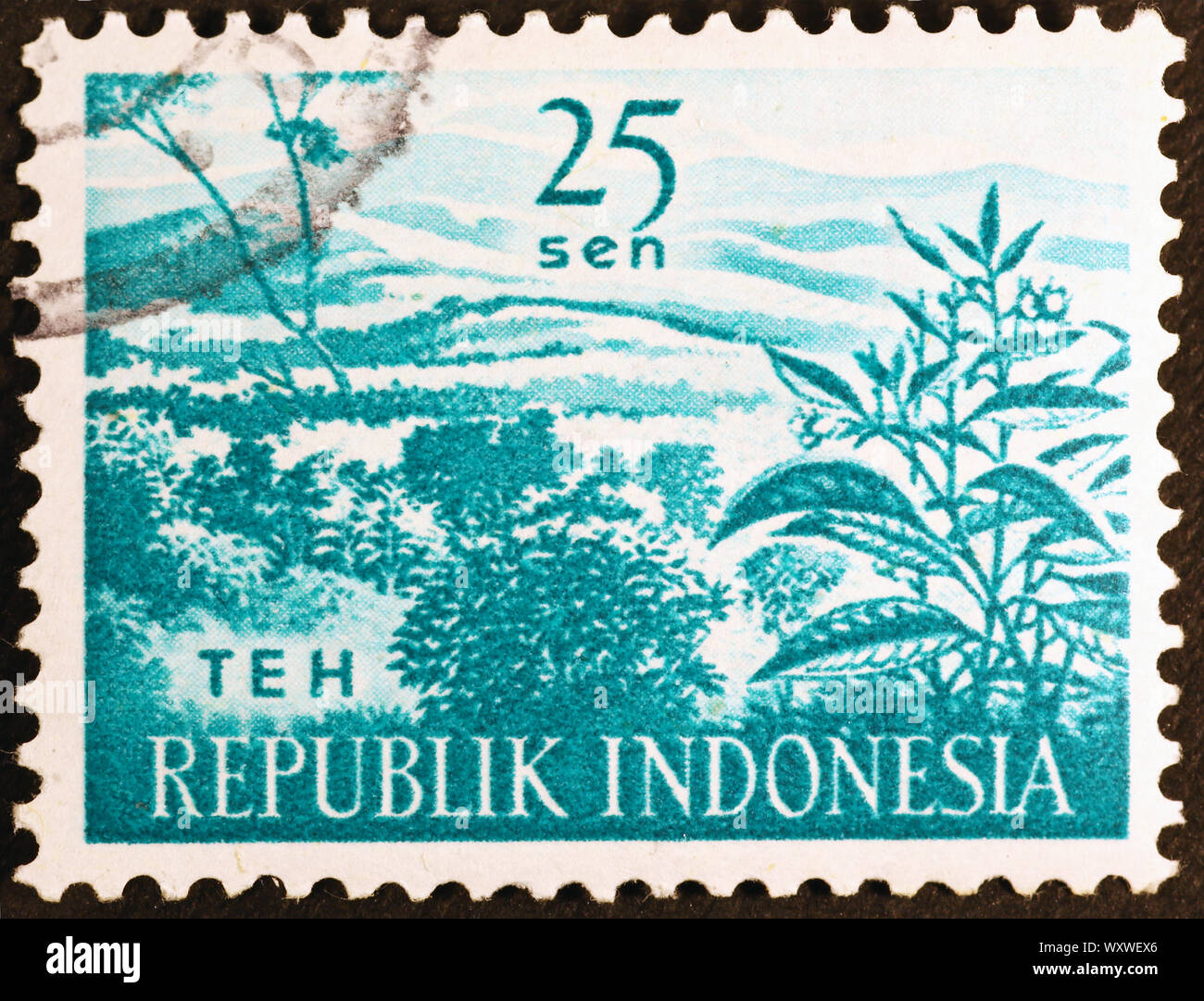 Plantations of the on indonesian postage stamp Stock Photo