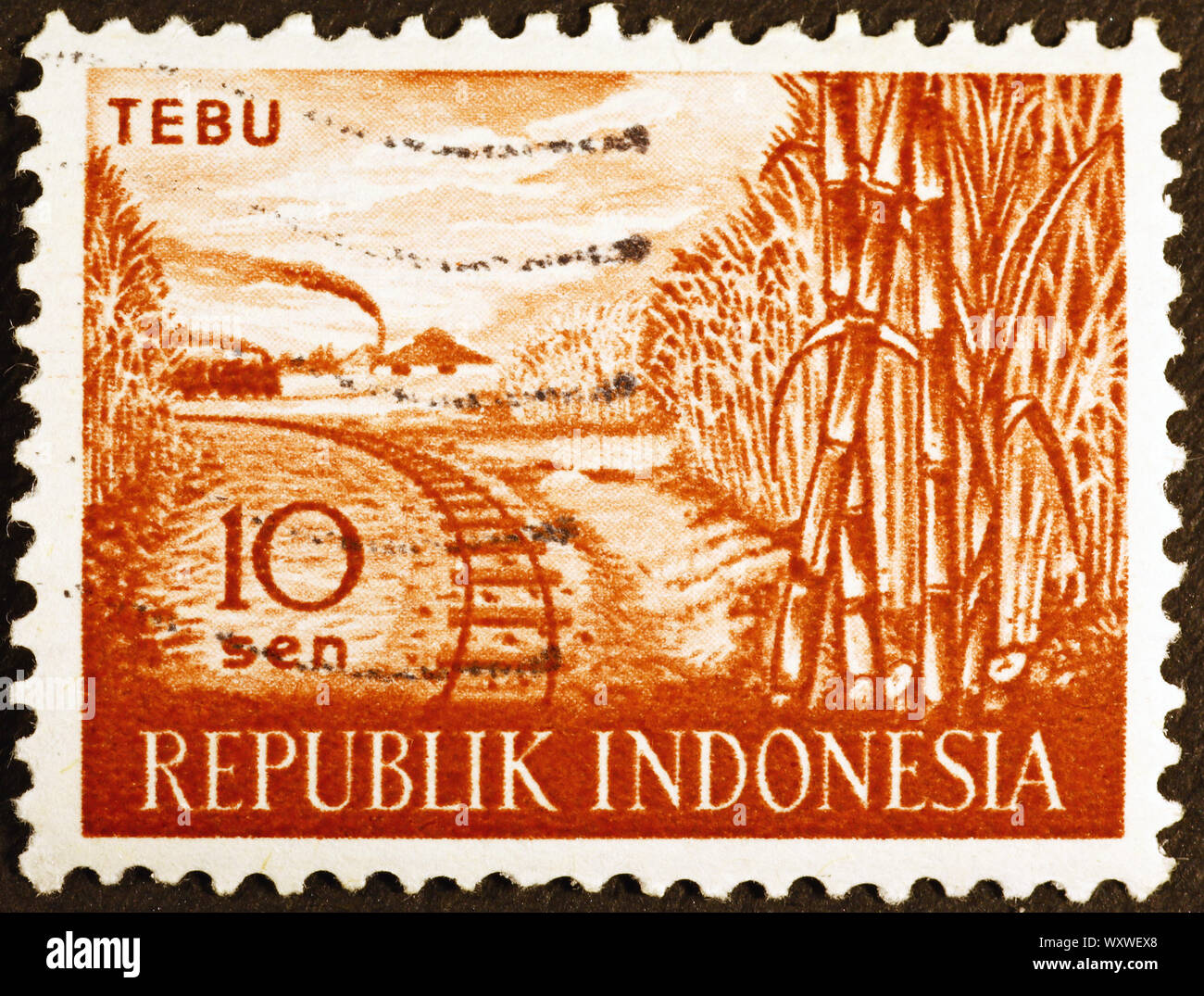 Sugar plantations on indonesian postage stamp Stock Photo