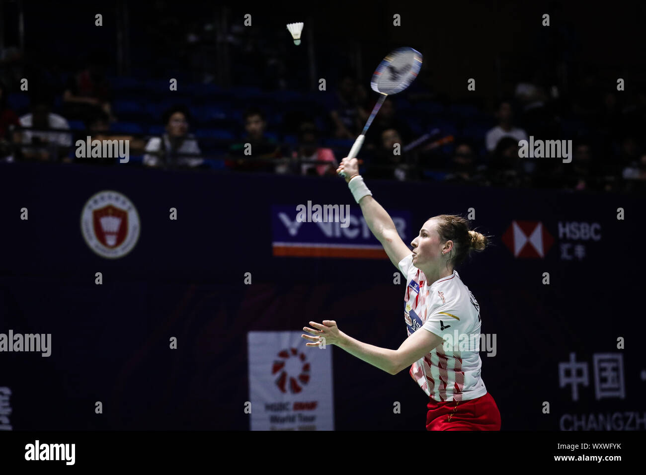 Danish professional badminton player Line Kjarsfeldt competes against Thai  professional badminton player Ratchanok Intanon at the first round of  women's single of VICTOR China Open 2019, in Changzhou city, east China's  Jiangsu