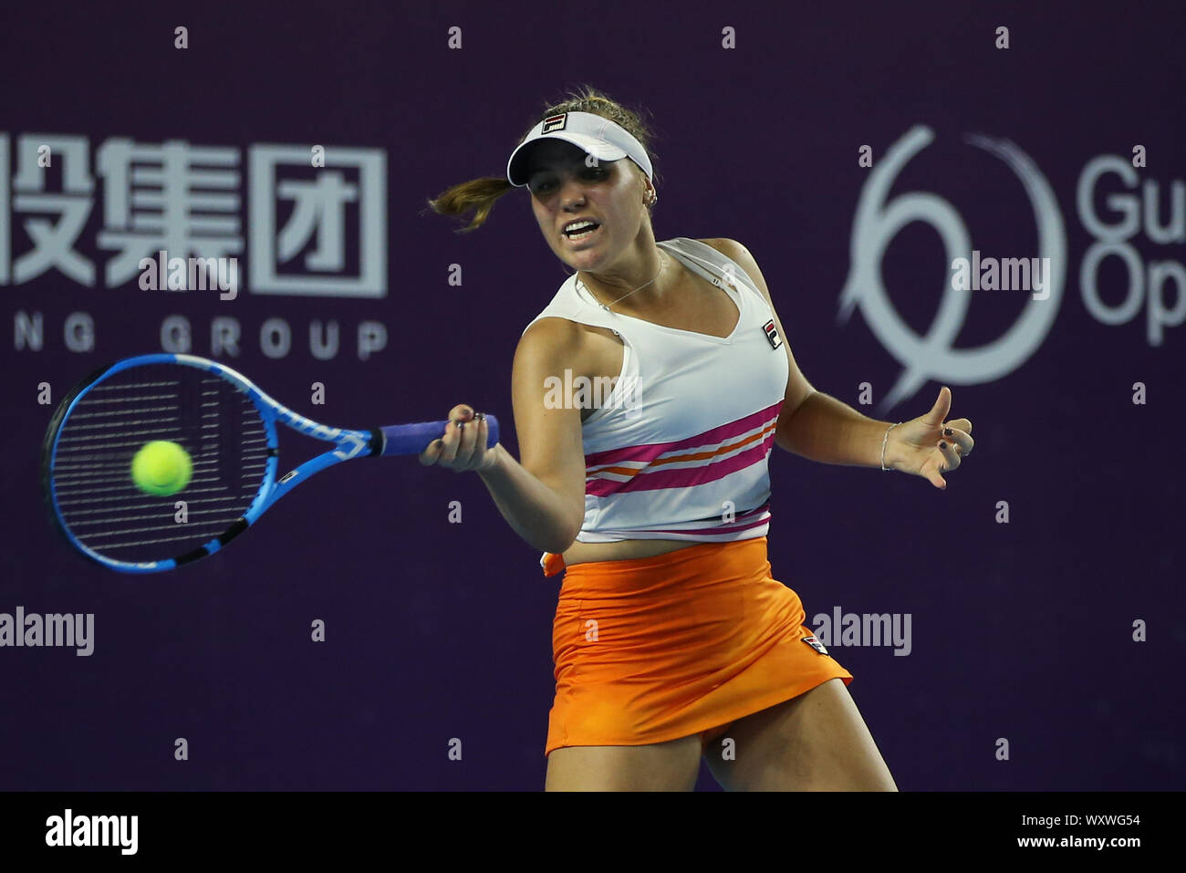 American professional tennis player Sofia Kenin plays against German  professional tennis player Laura Siegemund at the first round of WTA  Guangzhou Open 2019 in Guangzhou city, south China's Guangdong province, 17  September