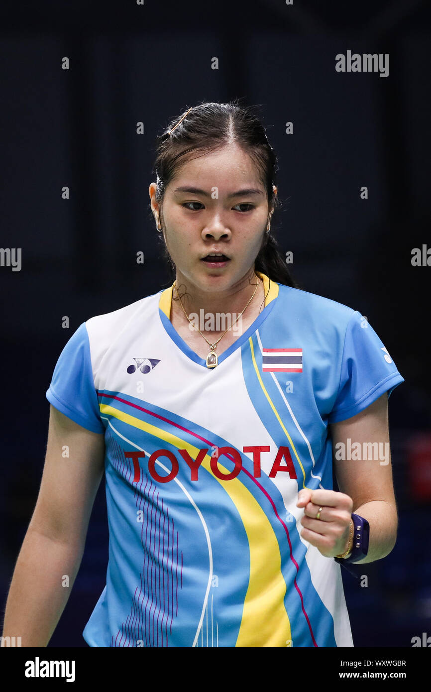 Thai professional badminton player Busanan Ongbamrungphan competes against  Indian professional badminton player Saina Nehwal at the first round of  women's single of VICTOR China Open 2019, in Changzhou city, east China's  Jiangsu