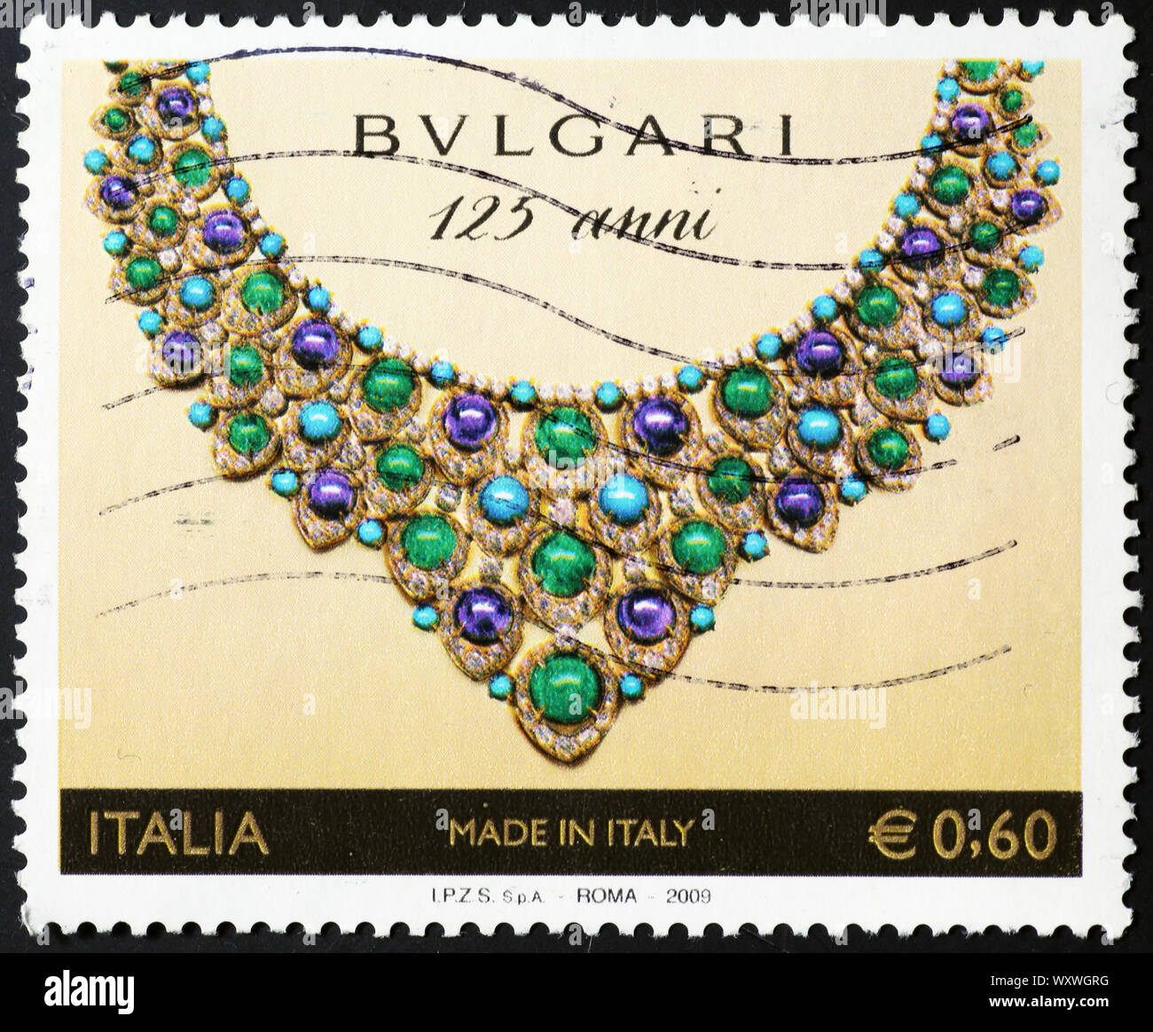 Necklace by jewelry Bulgari on italian postage stamp Stock Photo