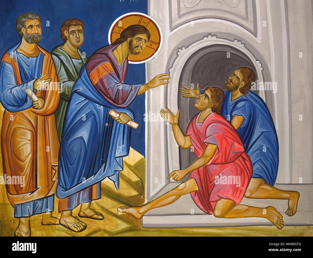 Christ healing the paralytic, fresco in the Church of Saint Paraskeva of the Balkans near Saint Naum Monastery, Ohrid in Macedonia Stock Photo