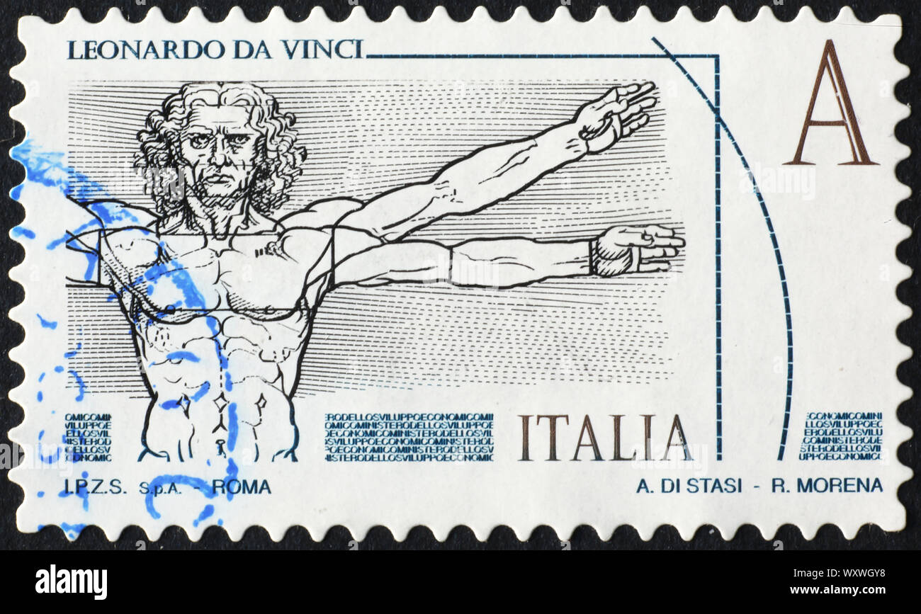 Vitruvian Man by Leonardo on italian postage stamp Stock Photo