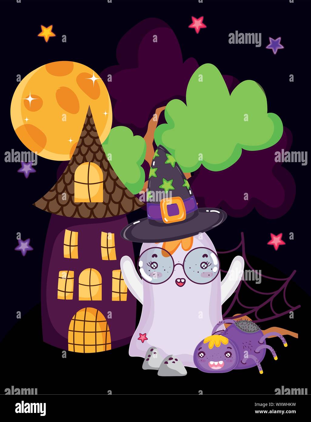 ghost spider house scary moon night halloween vector illustration Stock ...