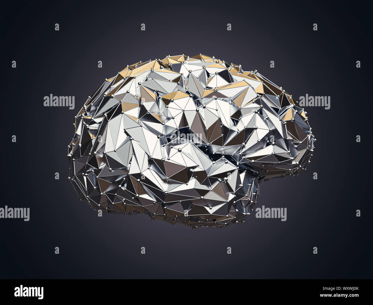 3d illustration of human low poly brain made of metal, AI concept Stock Photo