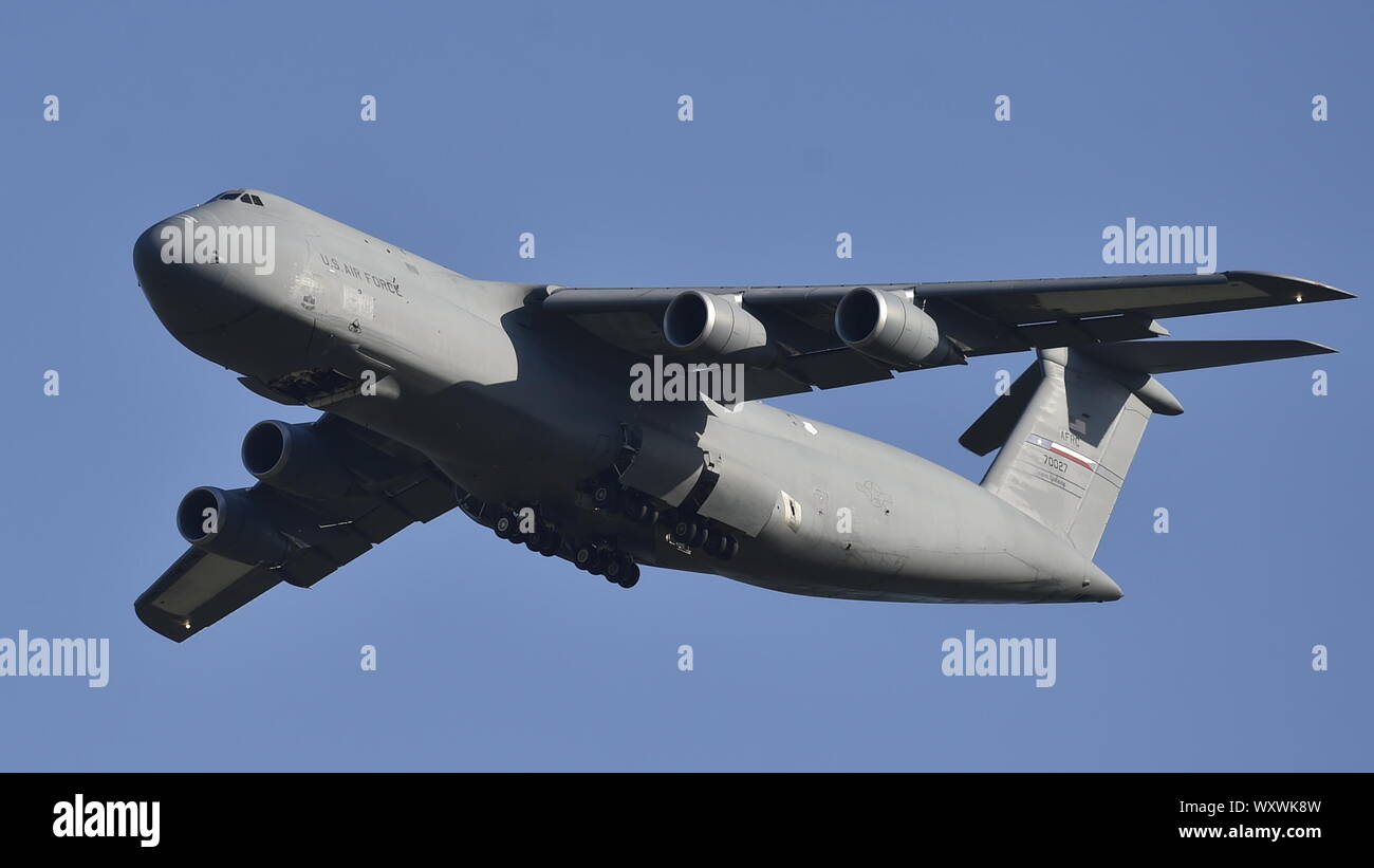 Mosnov, Czech Republic. 18th Sep, 2019. Landing of Lockheed C-5M Super Galaxy transport plane that will participate in Days of NATO in Leos Janacek airport in Ostrava Mosnov, Czech Republic, September 18, 2019. It will bring in a Bell UH-1Y Venom and Bell AH-1Z Viper helicopters. Credit: Jaroslav Ozana/CTK Photo/Alamy Live News Stock Photo