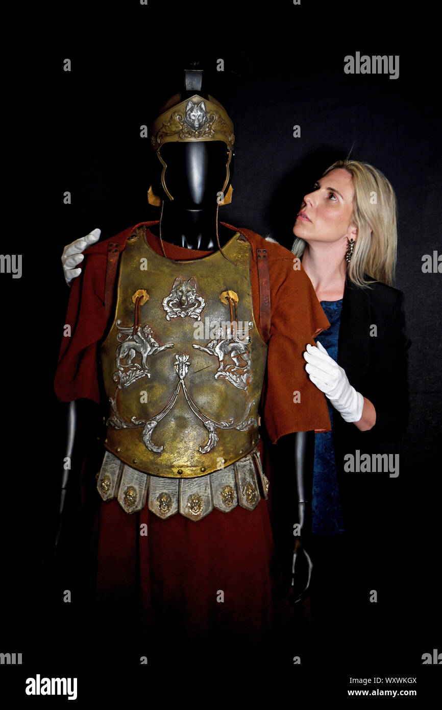 Russell Crowe's 'Maximus' Roman general armour from the film Gladiator, which is estimated to sell for between ??30,000 - ??50,000, on display at the Prop Store auction preview, ahead of their sale of entertainment memorabilia at the BFI IMAX in Waterloo, London. Stock Photo
