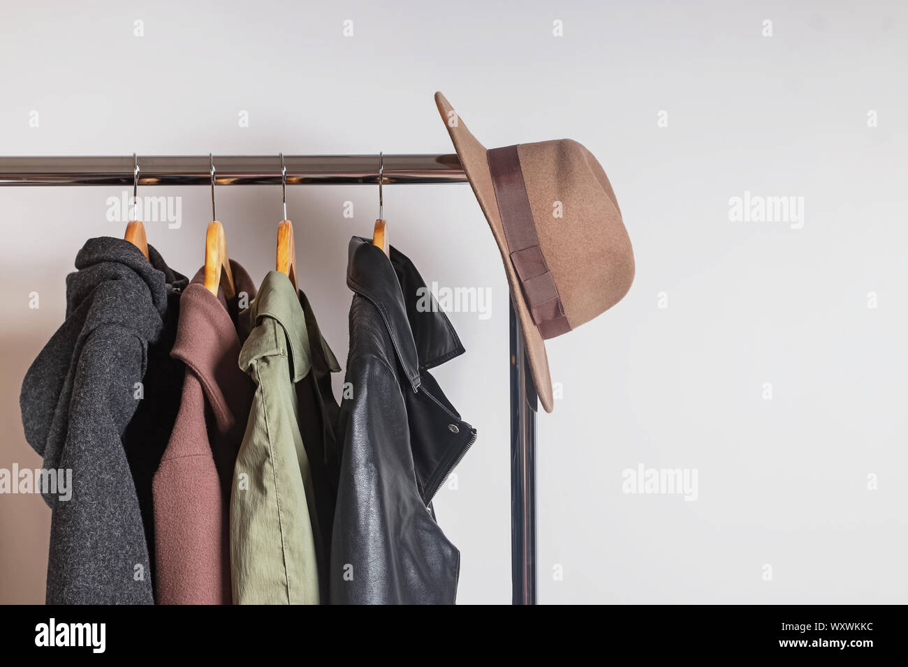 Coat hanger leather jacket hi-res stock photography and images - Alamy