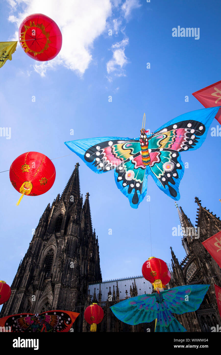 China festival on Roncalli square at the cathedral, butterfly as decoration, Cologne, Germany.  Chinafest auf dem Roncalliplatz am Dom, Schmetterling Stock Photo