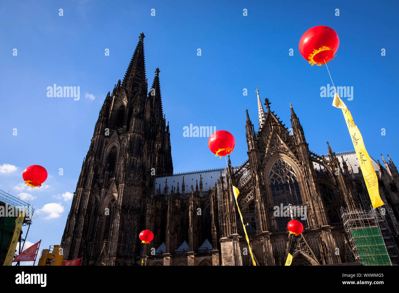 China festival on Roncalli square at the cathedral, balloons as decoration, Cologne, Germany.  Chinafest auf dem Roncalliplatz am Dom, Ballone als Dek Stock Photo