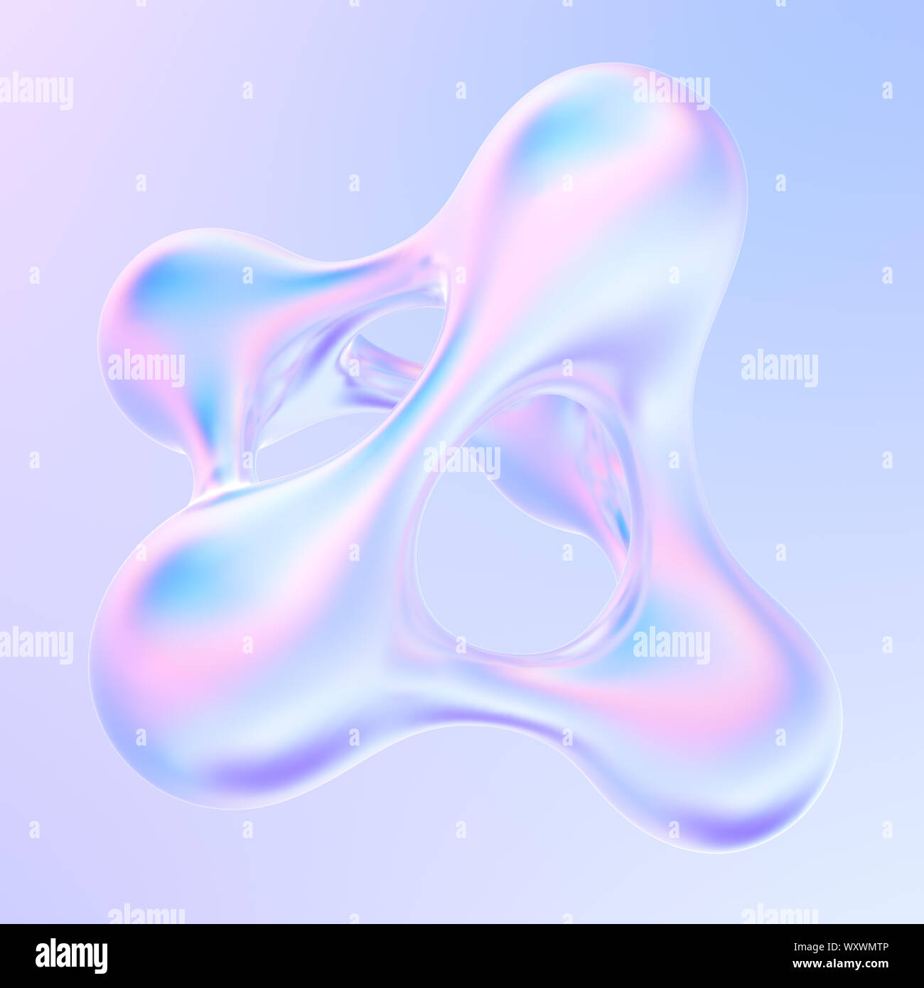 Splash of holographic liquid metal. Abstract 3d pearlescent gradient drop fluid shape. 3d rendering. Stock Photo