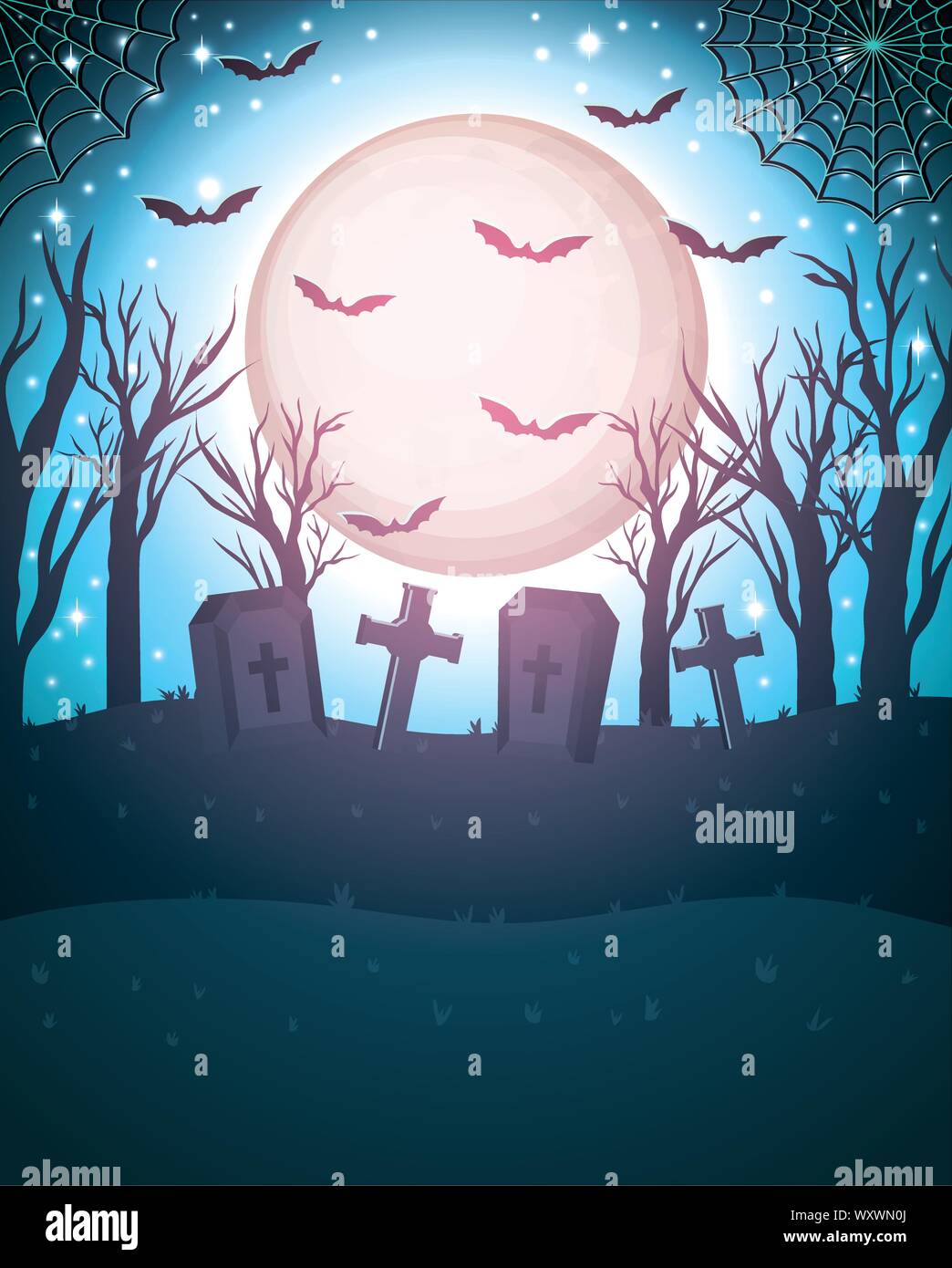 halloween bats flying with moon in cemetery Stock Vector Image & Art ...