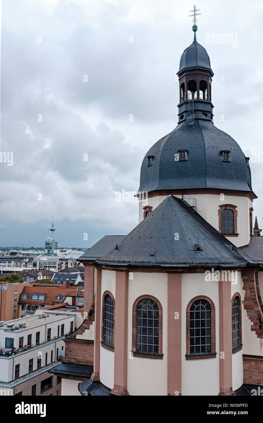 Mannheim, Germany: The baroque Jesuit Church against the city as a