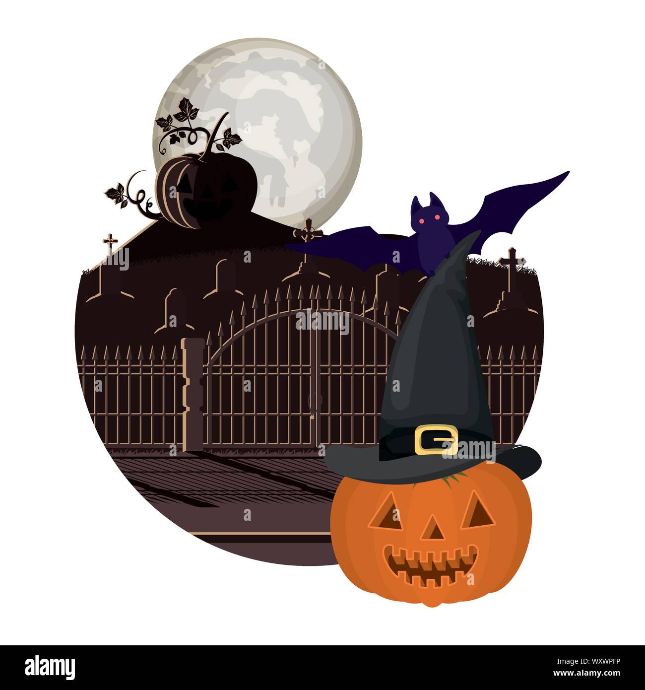 halloween pumpkin with bat flying in cemetery Stock Vector