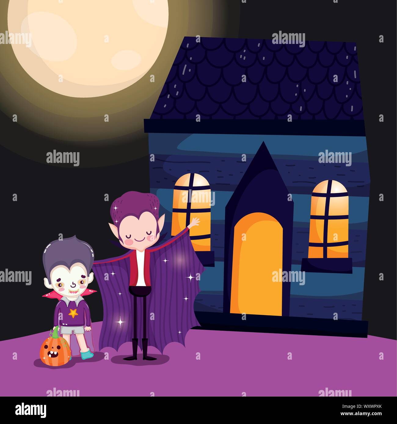 boy with dracula costumes house halloween image vector illustration ...