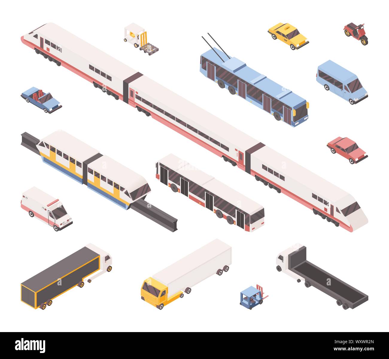 City transport isometric vector illustrations set. Public and industrial vehicles pack, urban travel service. Subway train, light rail, passenger cars, ambulance, bus, freight trucks and forklift Stock Vector