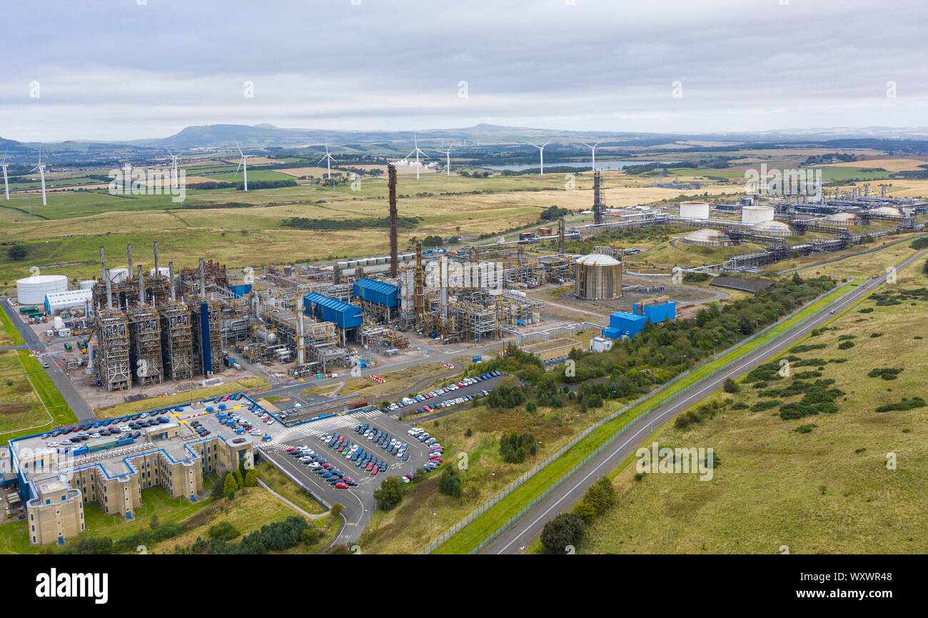 Aerial view of Mossmorran ethylene plant on 18th September 2019 in Fife, Scotland, UK. The plant is jointly operated by ExxonMobil and Shell UK. Publi Stock Photo