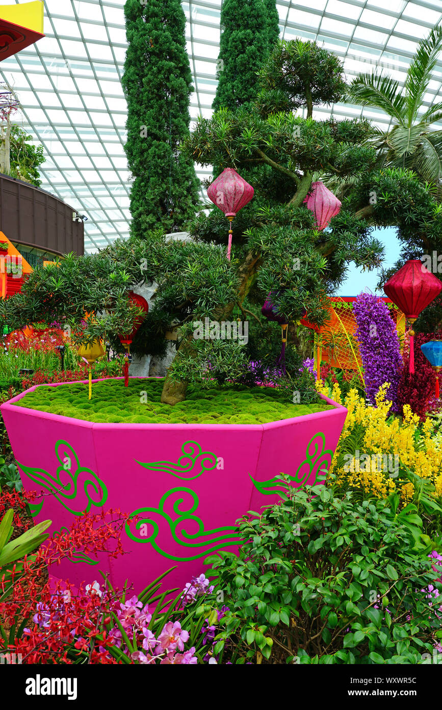 SINGAPORE -25 AUG 2019- View of colorful Chinese decorations for the Mid-Autumn Festival at the Gardens by the Bay in Singapore. Stock Photo