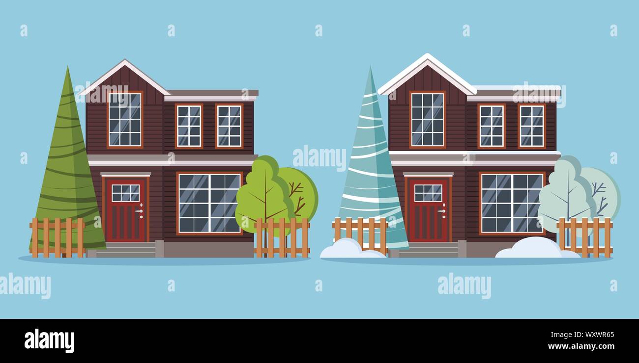 Set of isolated country rural two storey farm winter and summer houses with fences Stock Vector