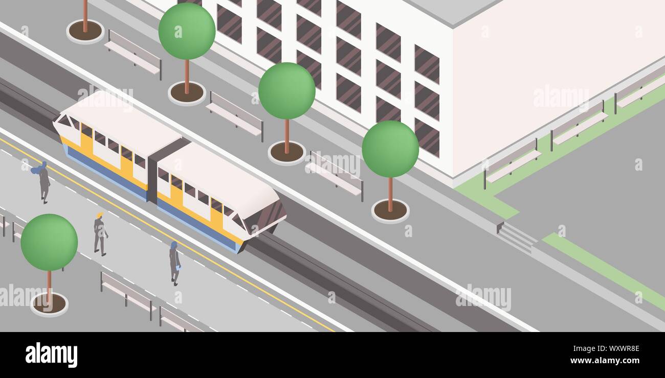 Monorail station isometric vector illustration. Modern urban railroad, express city travel service, public passenger conveyance business, rail transport. People on platforms waiting light rail Stock Vector