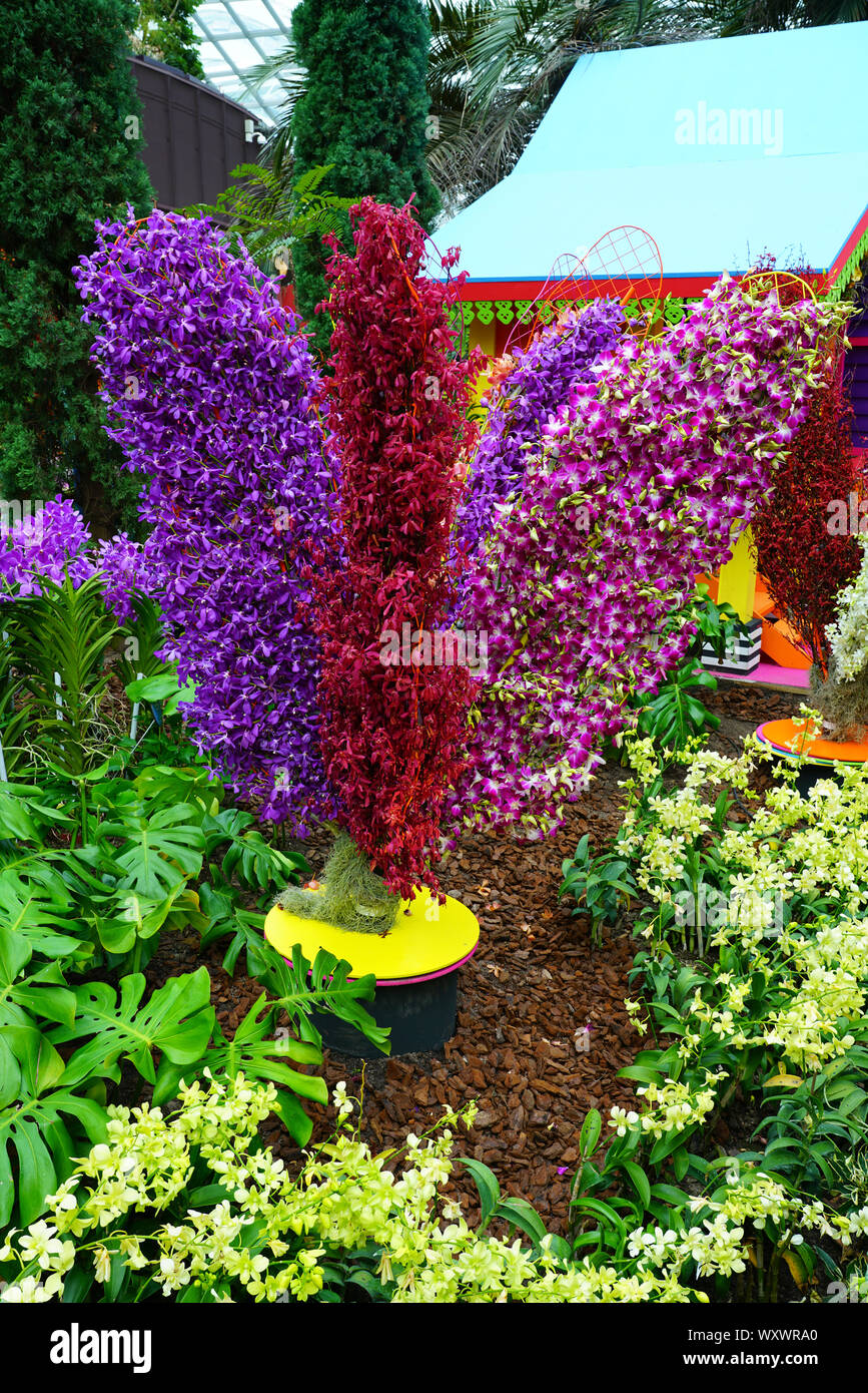 SINGAPORE -25 AUG 2019- View of colorful Chinese decorations for the Mid-Autumn Festival at the Gardens by the Bay in Singapore. Stock Photo