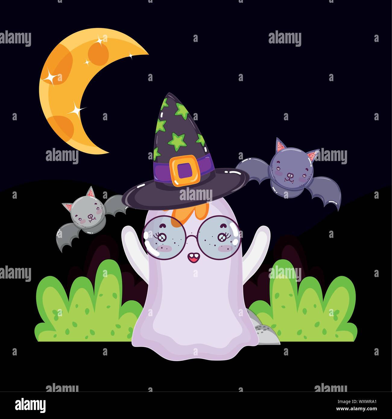 ghost with glasses and hat bats moon night halloween vector ...