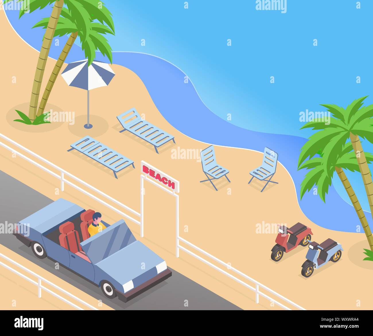 Summer vacation isometric vector illustration. Cabriolet driver, man driving passenger car on road trip cartoon character. Seasonal recreation, sea shore with palm trees, parked scooters and sunbeds Stock Vector