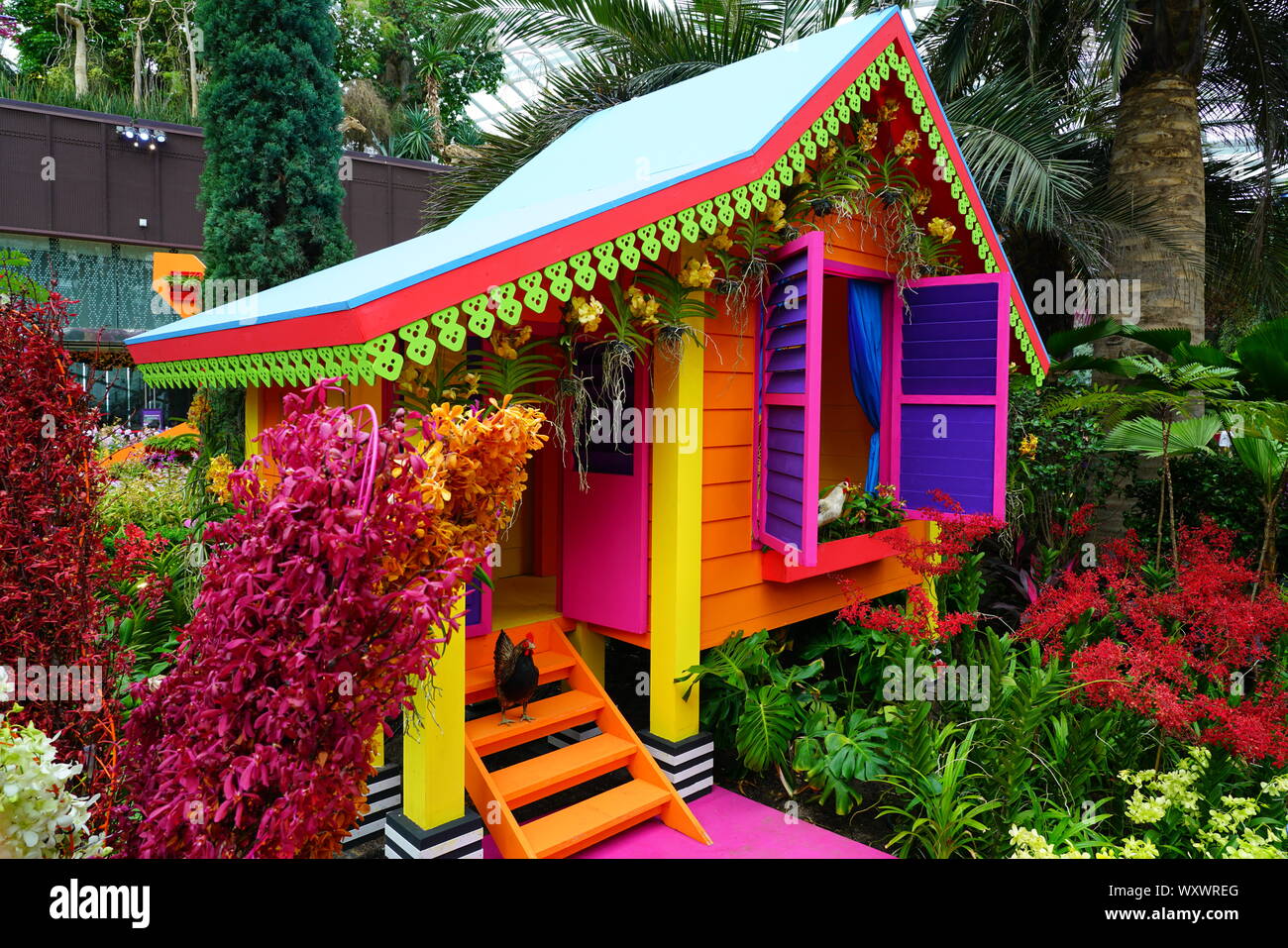 SINGAPORE -25 AUG 2019- View of colorful Chinese decorations for the Mid-Autumn Festival at the Gardens by the Bay in Singapore. Stock Photo