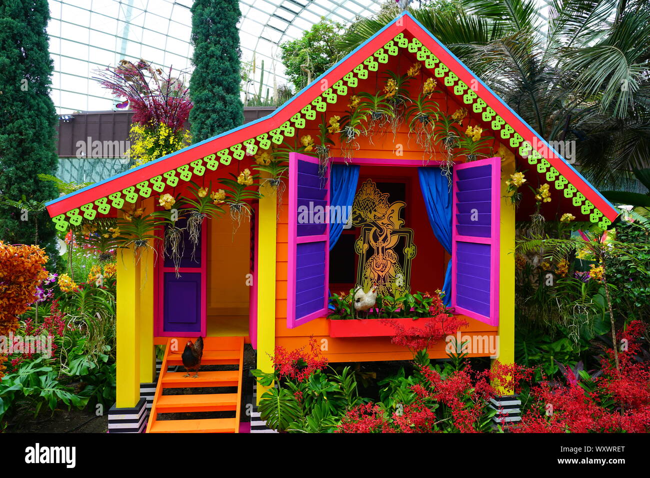 SINGAPORE -25 AUG 2019- View of colorful Chinese decorations for the Mid-Autumn Festival at the Gardens by the Bay in Singapore. Stock Photo