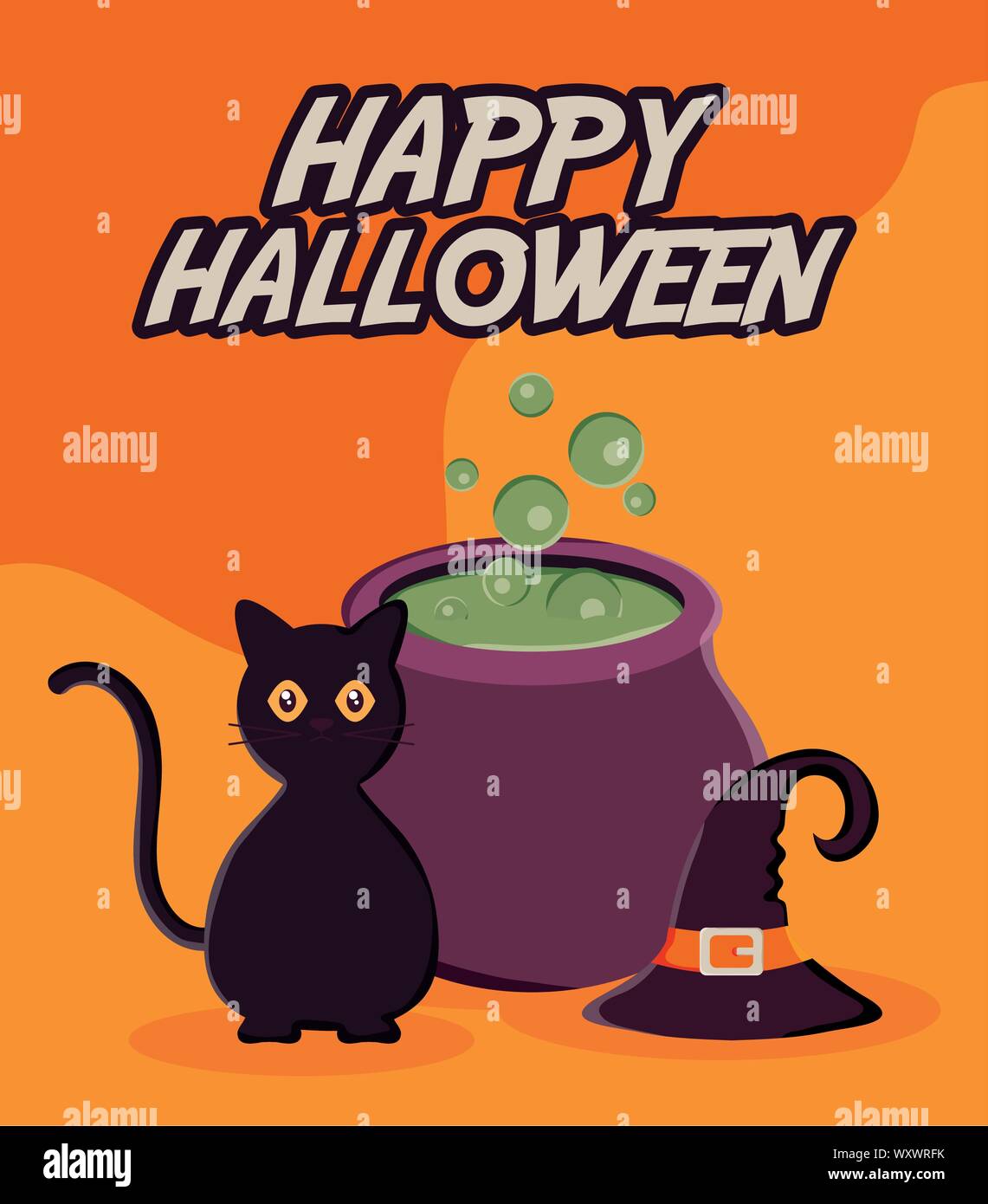 cat witch hat and cauldron trick or treat - happy halloween vector ...