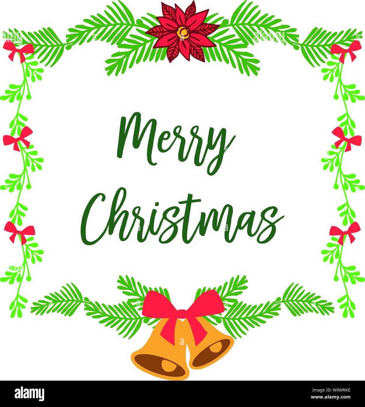 Realistic green leafy wreath frame, with beautiful card merry christmas ...