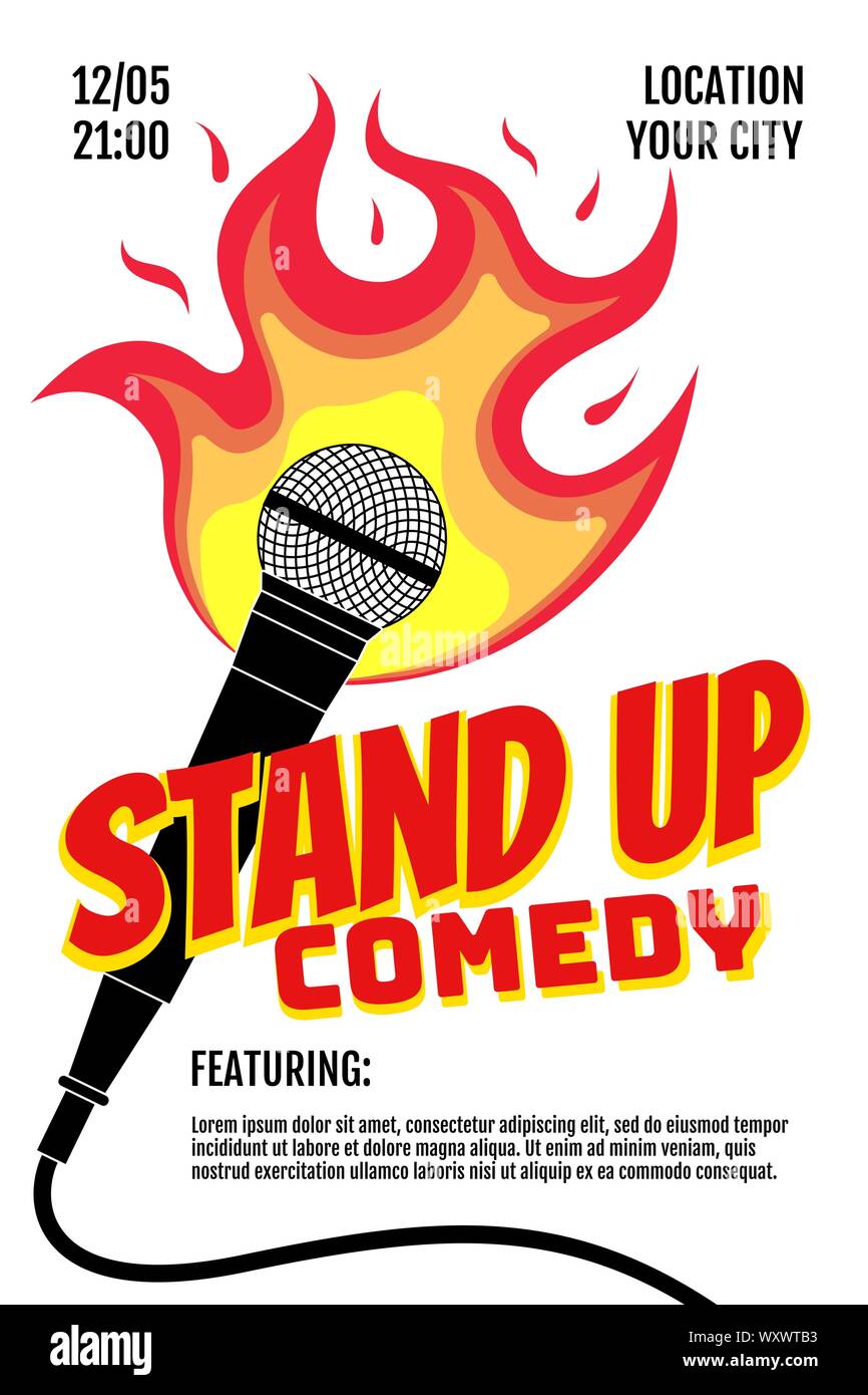 Stand up comedy night live show A3 A4 poster design template. Microphone on fire on white background. Hot comic jokes roast concert concept flyer. Vector fun burning open mic stage illustration Stock Vector