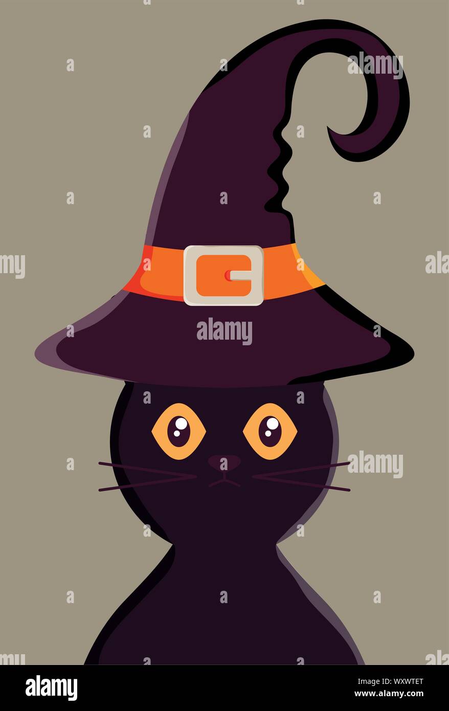 black cat with hat trick or treat - happy halloween vector illustration