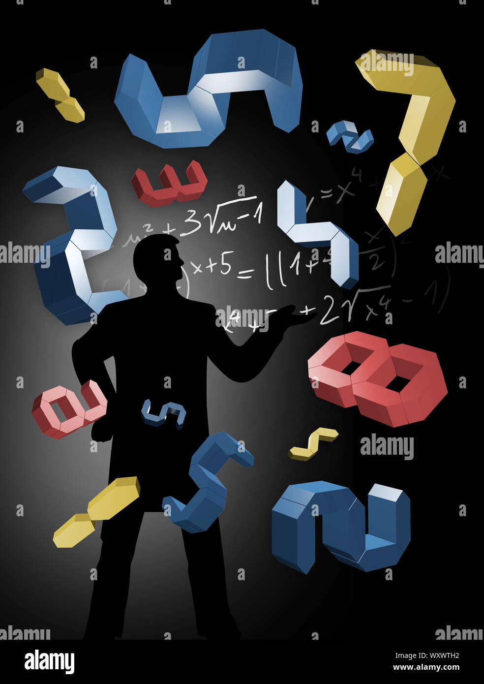 Teacher of Math, Mathematical exam. Mathematics  teacher stylized silhouette with 3d digital numbers and handwritten mathematical calculation. Stock Photo