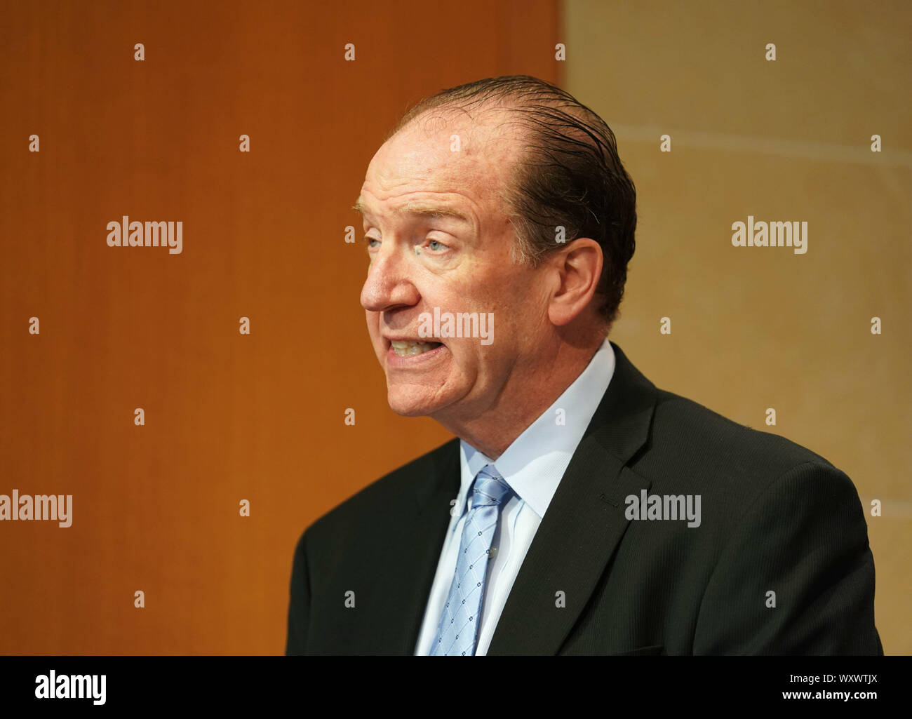 (190918) -- WASHINGTON, Sept. 18, 2019 (Xinhua) -- World Bank President David Malpass delivers a speech at the Peterson Institute for International Economics (PIIE) in Washington, DC, the United States, Sept. 17, 2019. Malpass said Tuesday that global growth prospects are weakening, and investment growth is slowing down, highlighting the urgency to conduct structural reforms in developing countries. In a speech at the PIIE, Malpass said the global economy is expected to decelerate further 'given recent developments,' falling short of the World Bank's June projection of 2.6 percent for 2 Stock Photo