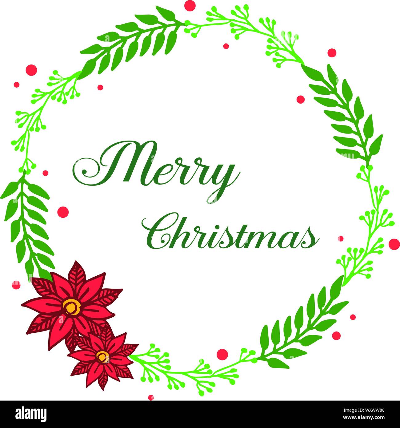 Realistic green leafy wreath frame, with beautiful card merry christmas ...