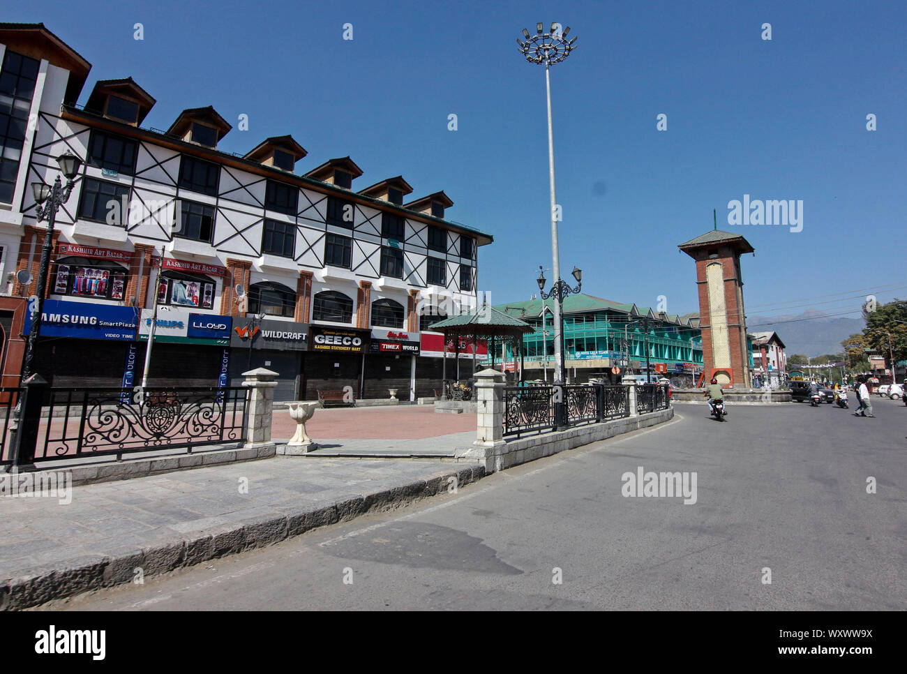 A view of the main shopping hub during the shutdown in Srinagar, Kashmir.Kashmir valley remained shut for the 45th consecutive day following the scrapping of Article 370 by the central government which grants special status to Jammu & Kashmir. Stock Photo