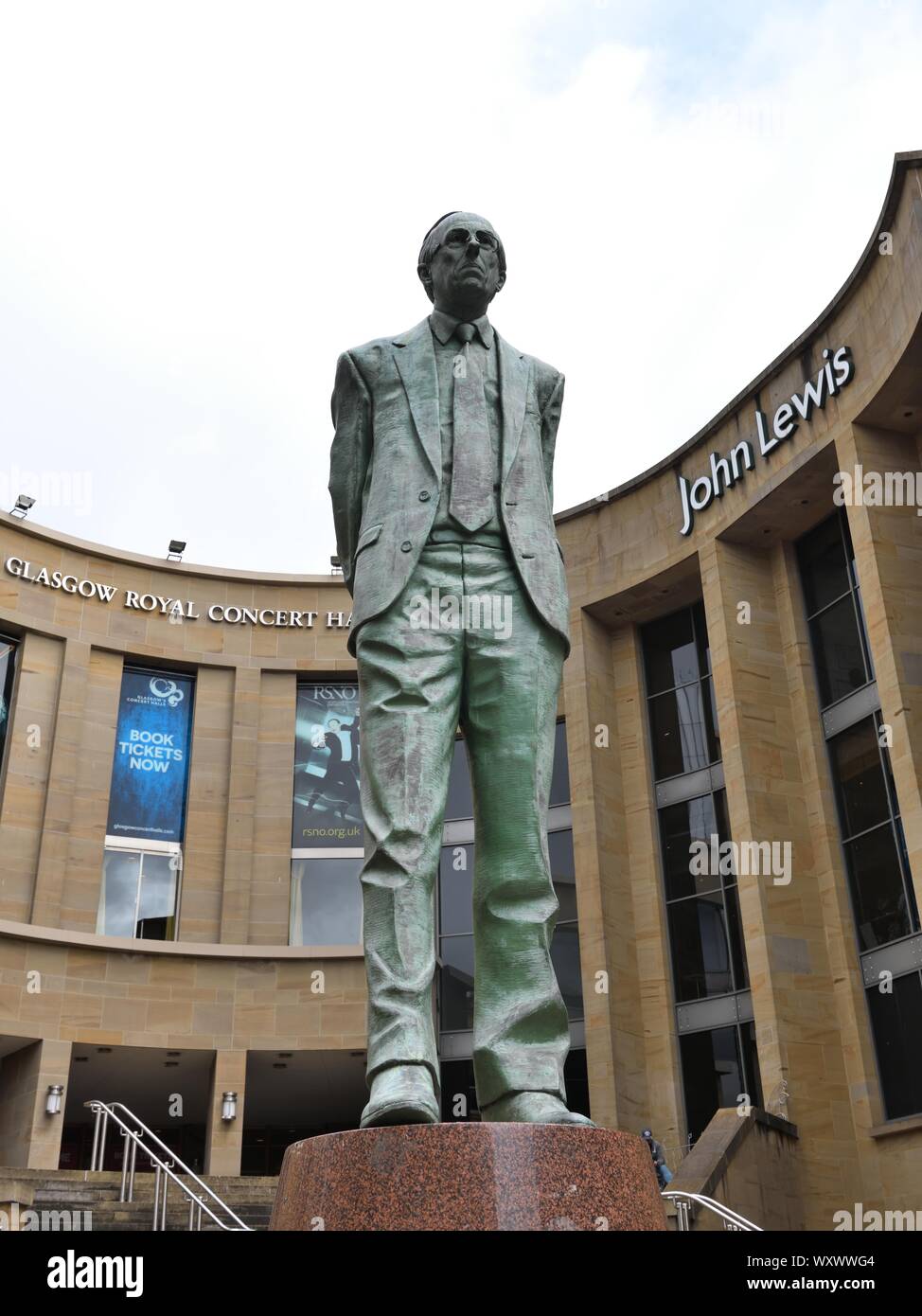 Statue of the late Labour MP and former First Minister of Scotland Donald Dewar which stands outside the Royal concert hall in Glasgow, Scotland, UK. Stock Photo