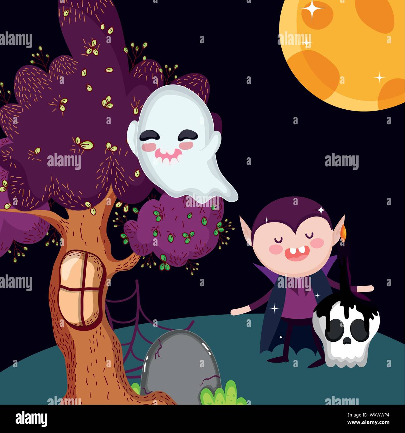 dracula ghost skull candle tree moon halloween vector illustration ...