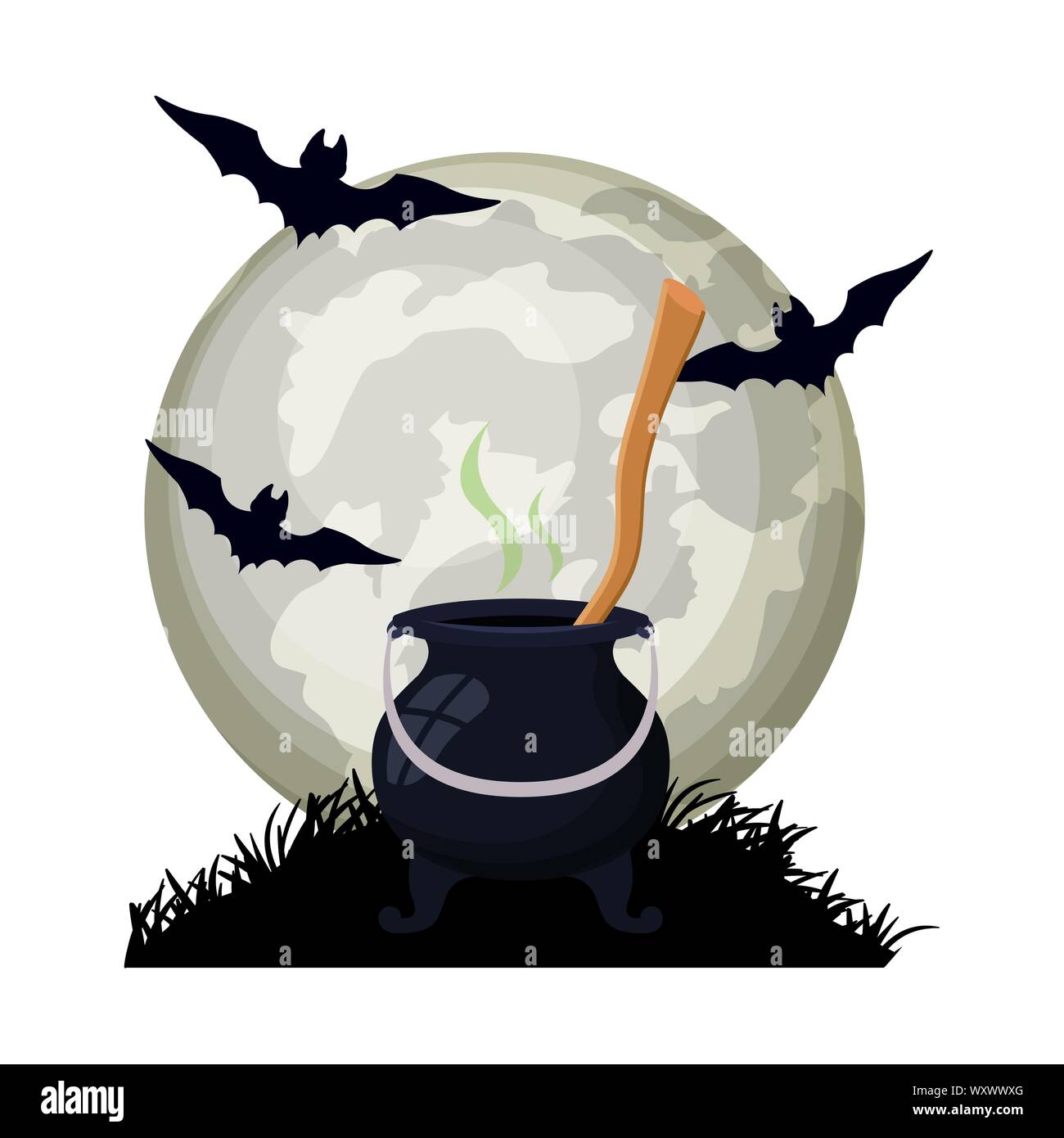 halloween bats flying with cauldron in night scene Stock Vector