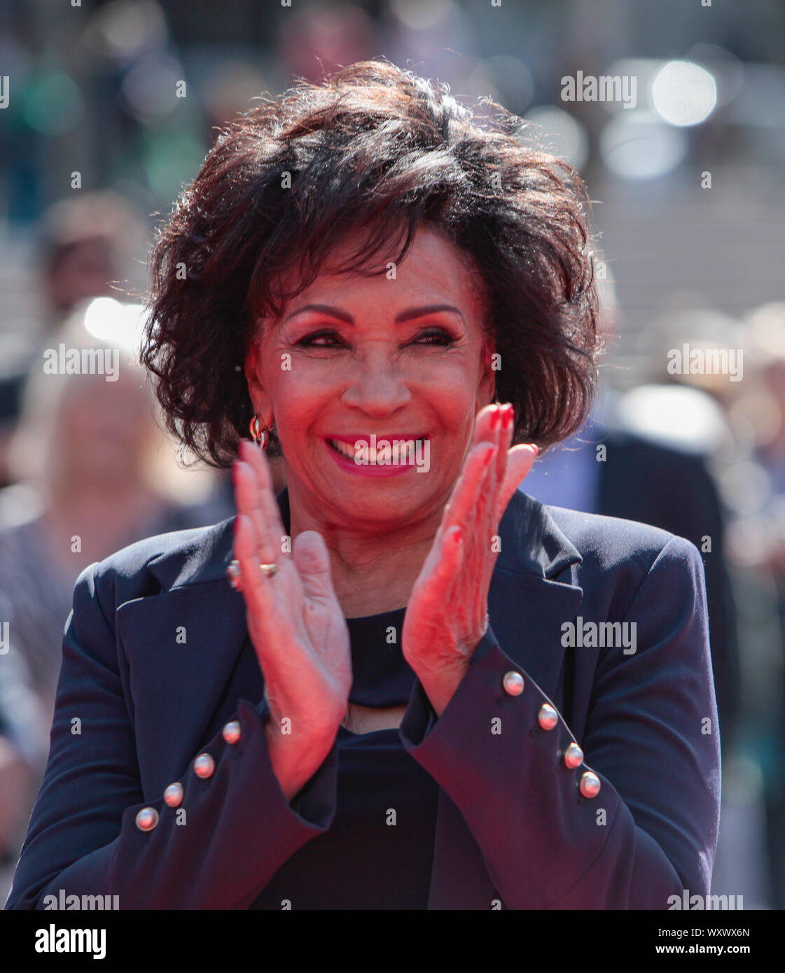 London UK 18 September 2019 legendary singer, Dame Shirley Bassey, unveiling her handprints in the form of a bronze plaque in Wembley Park's ‘Square of Fame' at The SSE Arena, Wembley. The star first performed at the venue 60 years ago in a performance that inaugurated the Empire Pool, Wembley (as it was known then), as a music and entertainment venue, and began its reputation as one of the world's most iconic concert venues. Credit: Paul Quezada-Neiman/Alamy Live News Stock Photo