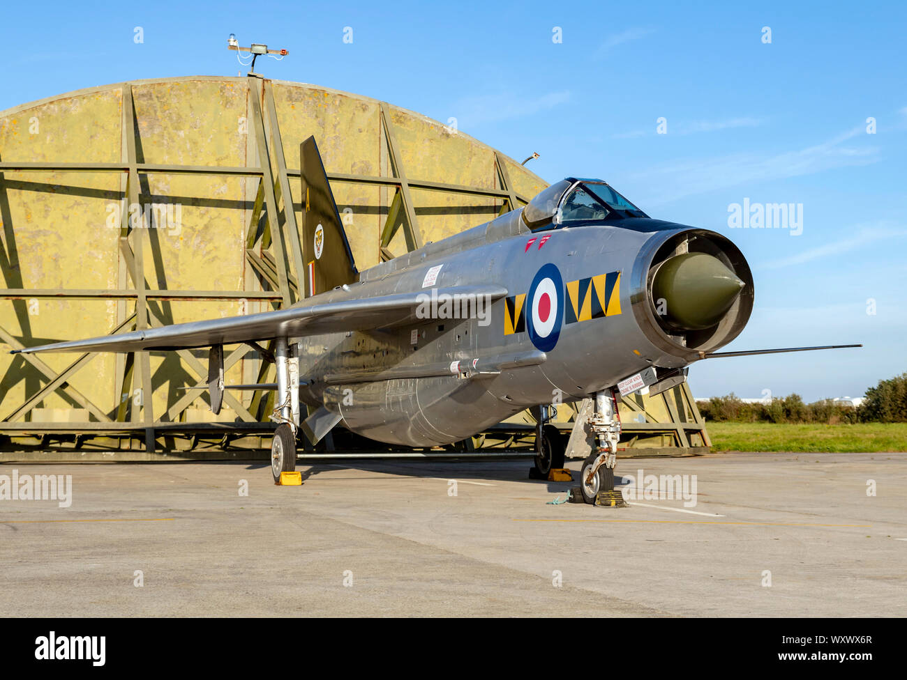 RAF Lightning XR768, nightshoot at Cornwall Aviation Heritage Centre Stock Photo