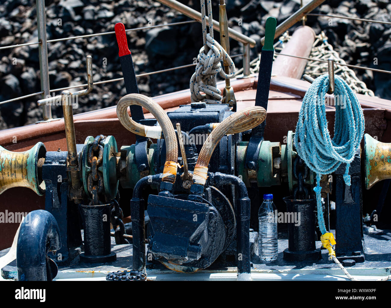 The winching gear on the prow of a tourist boat Stock Photo