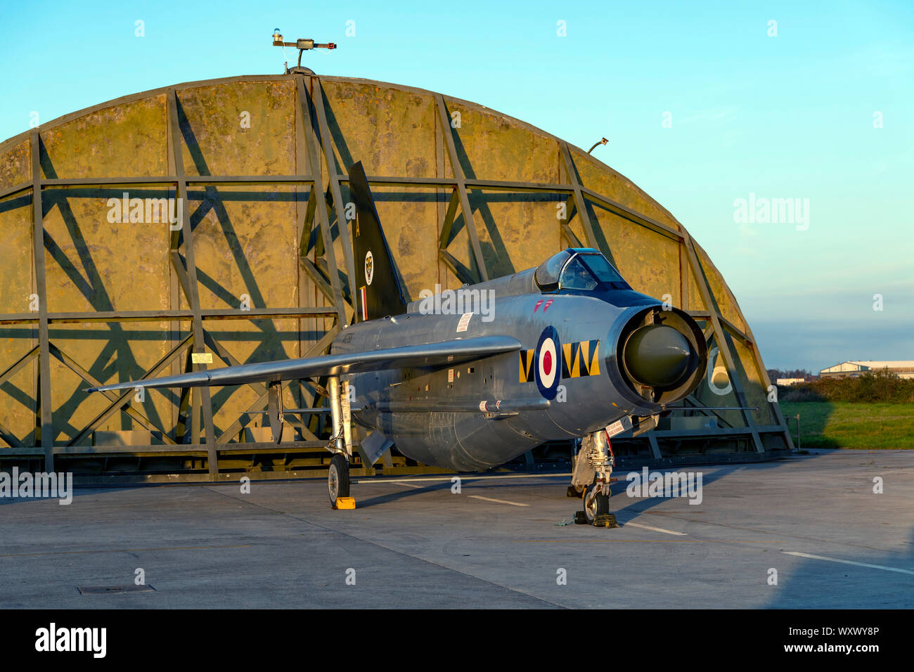 RAF Lightning XR768, nightshoot at Cornwall Aviation Heritage Centre Stock Photo