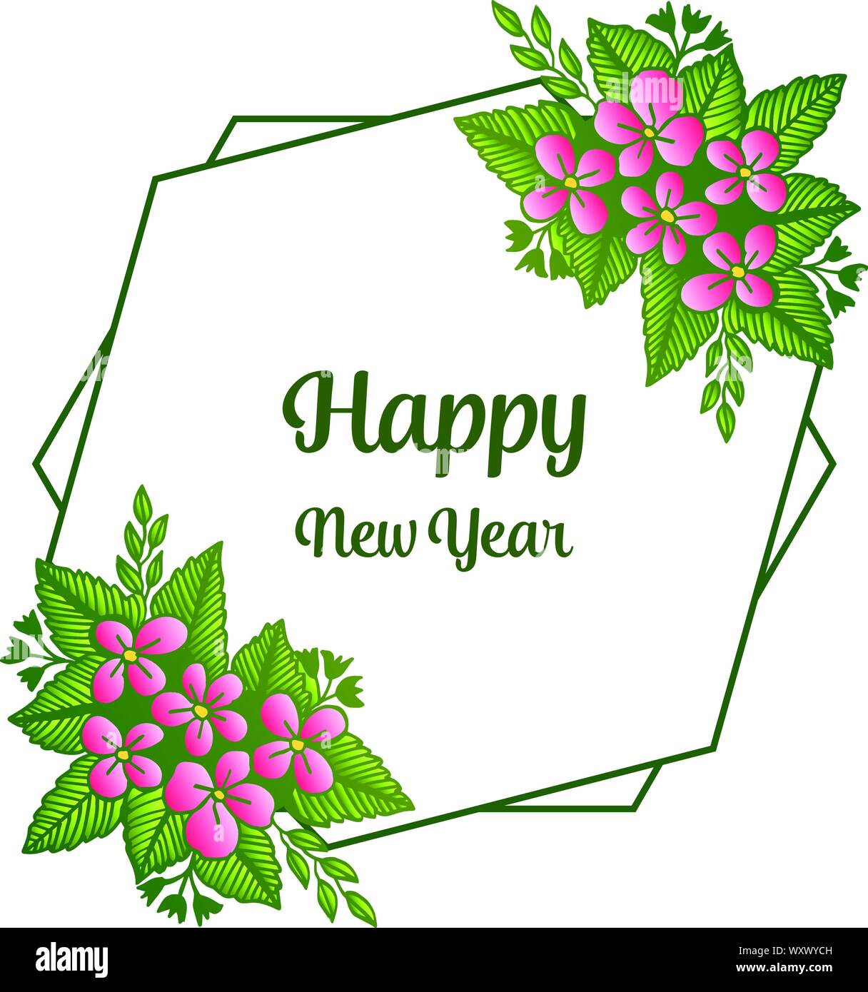 Lettering happy new year with style ornate of frame leaf green and ...