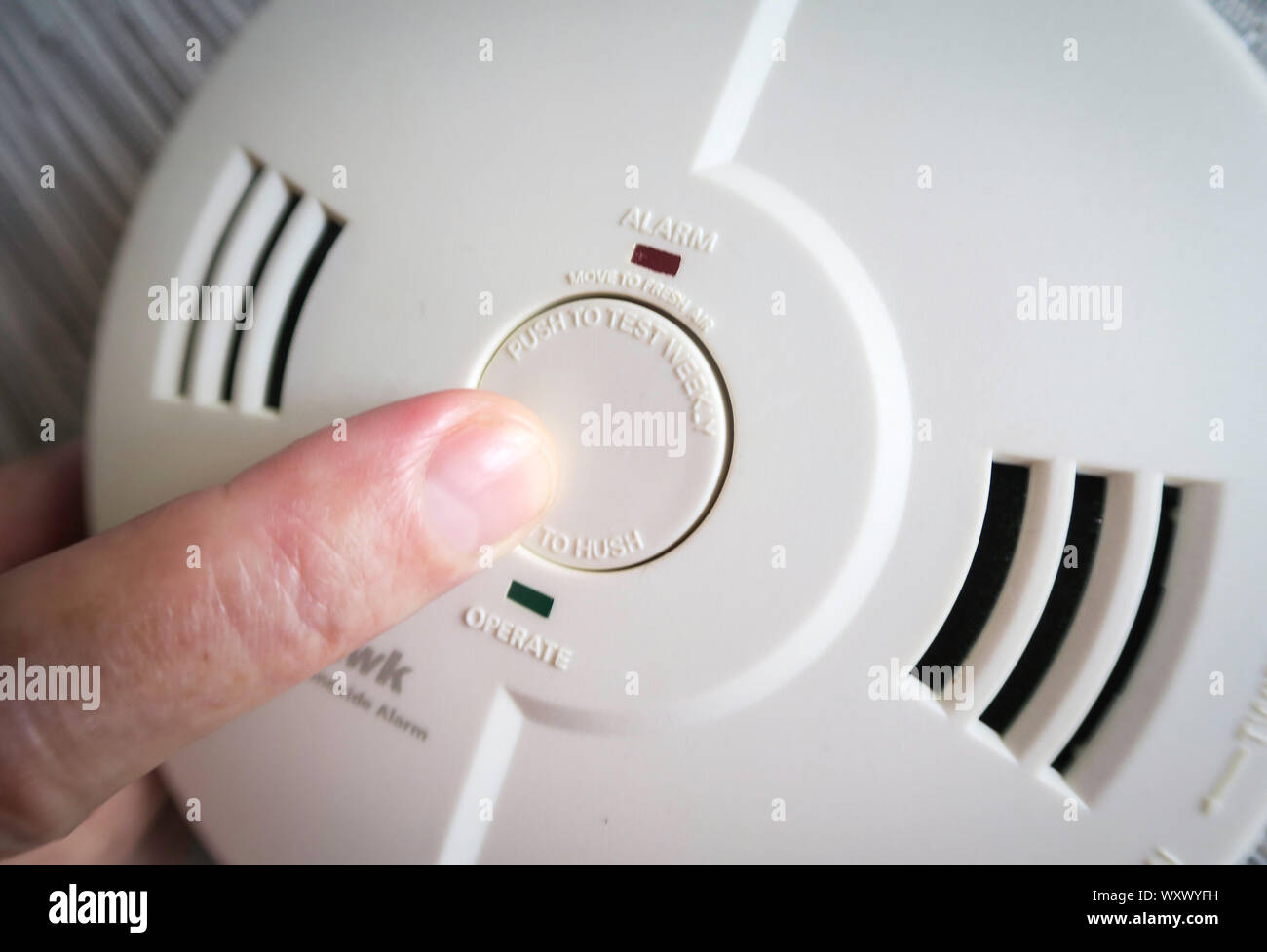 Man Posing the Test Button on an inhome smoke detector, USA Stock